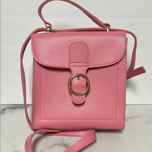 Handbags - Structured Pink Crossbody Bag with Gold Ring Detail